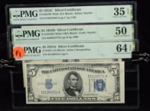 3 $5 Blue Seal Silver Certificates PMG 35-64 F1