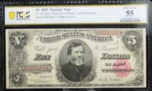 1891 $5 Treasury Note B1205451 PCGS 55AU/UNC