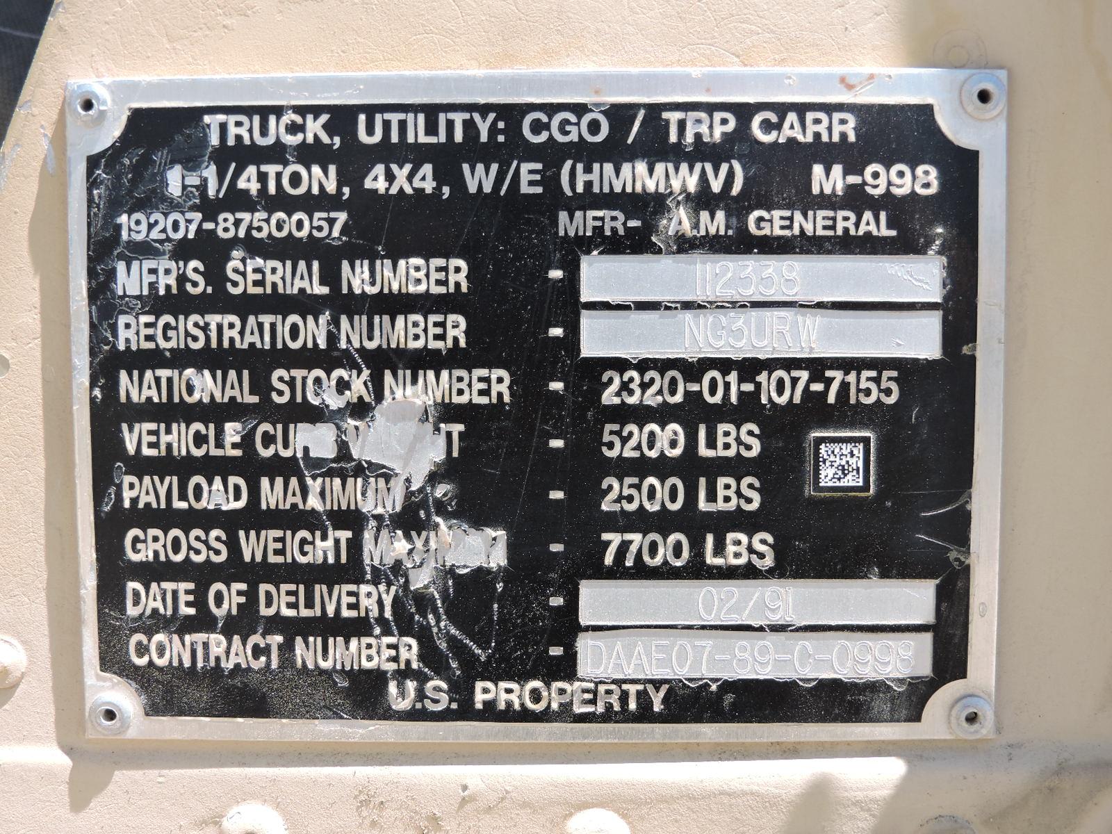 HUMVEE -- AM GENERAL 1.25 Ton, 4X4, W/E, HMMWV M-998.  Date: February 1991.  3411 Miles.