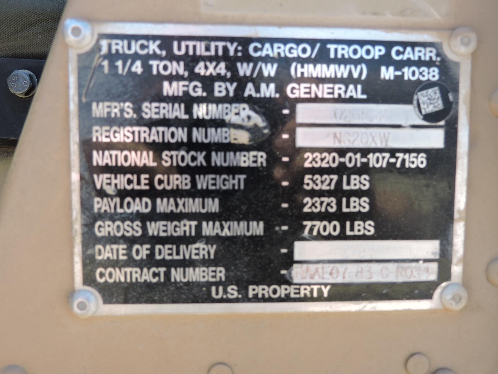 HUMVEE -- AM GENERAL 1.25 Ton, 4X4, W/E, HMMWV M-1038.  Date: March 1987.  54,558 Miles.