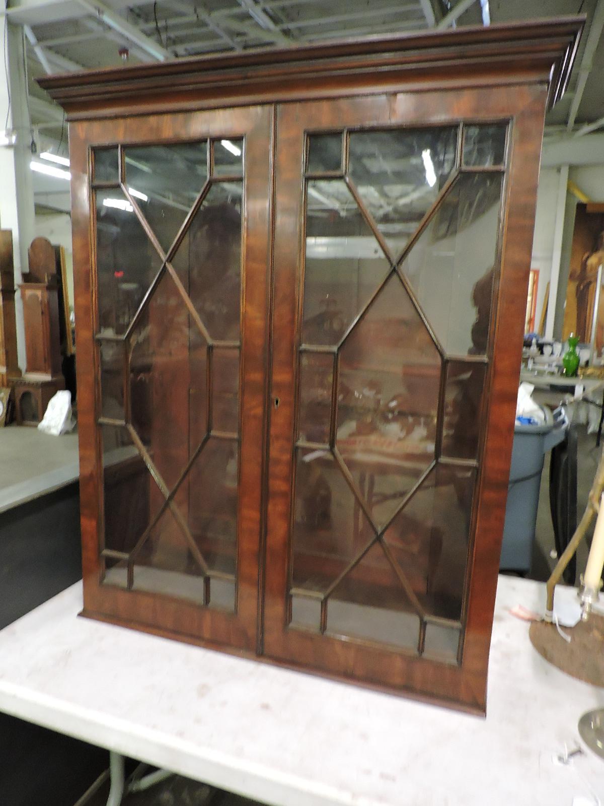 Antique 2-Door Glass and Wood Table-Top Cabinet -- with original key