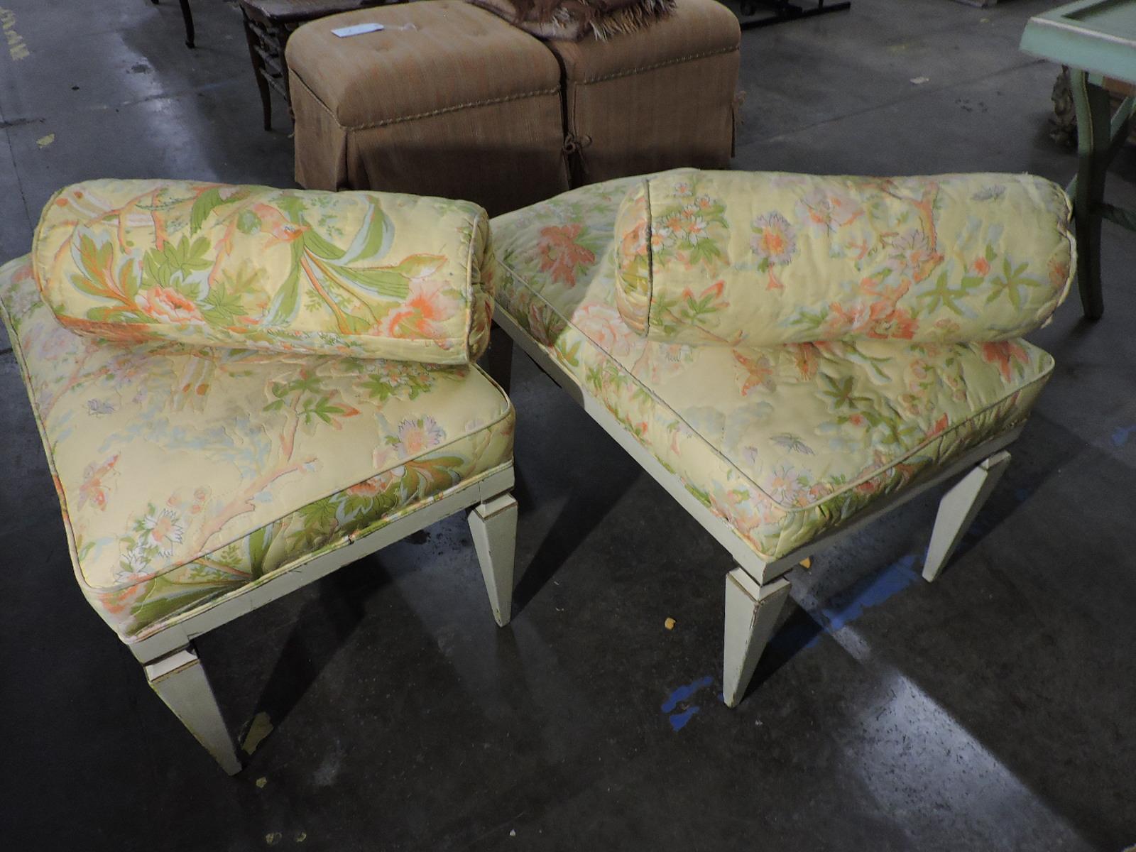 Pair of Matching Vintage Floral Foot Rests with Cylinder Pillows