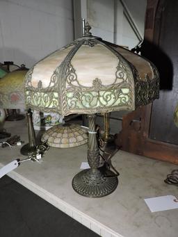 Large TIFFANY-Style Table Lamp / Metal & Glass Construction / Reproduction