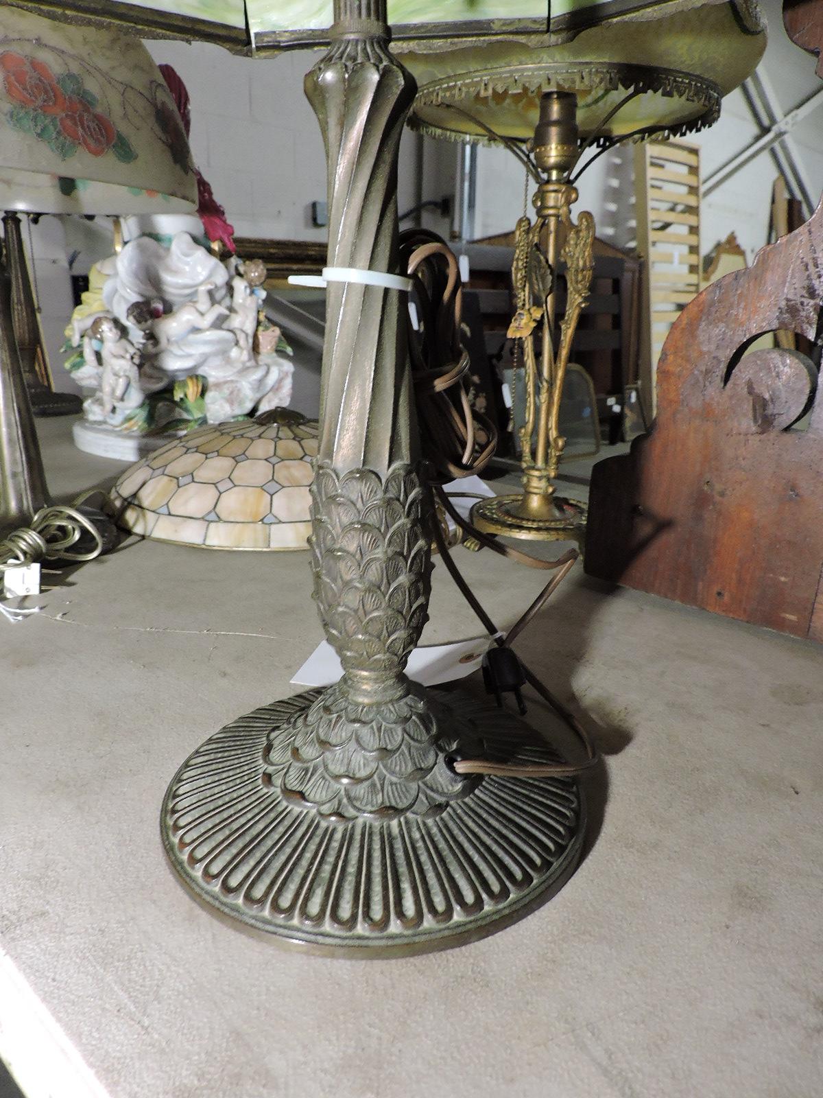 Large TIFFANY-Style Table Lamp / Metal & Glass Construction / Reproduction