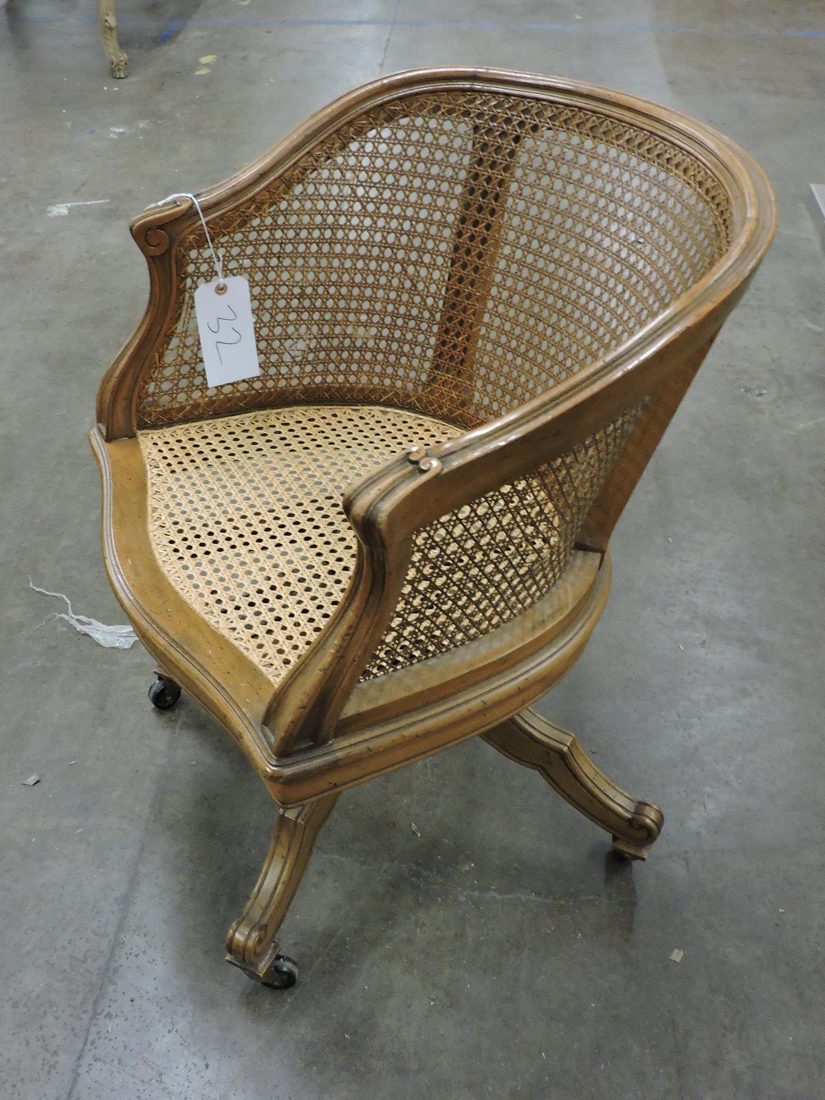 Vintage Wooden Weaved Rolling Desk Chair - some damage to the side weave