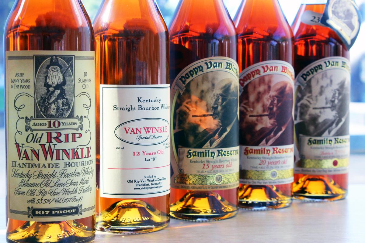 Old Rip Van Winkle 10 Year, Van Winkle 12 Year, Pappy Van Winkle 15, 20, and 23 Year, all signed