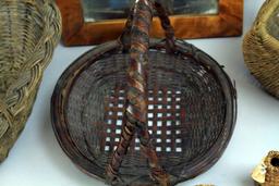 Vintage Wood Mirror w/ Carved Detail, Baskets - Woven Items