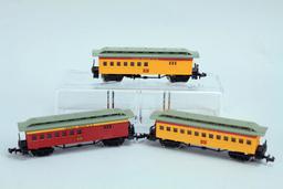 3 Bachmann N Scale Old Time Passenger Cars; 2-Union Pacific 9 & 7, 1-Central Pacific 8