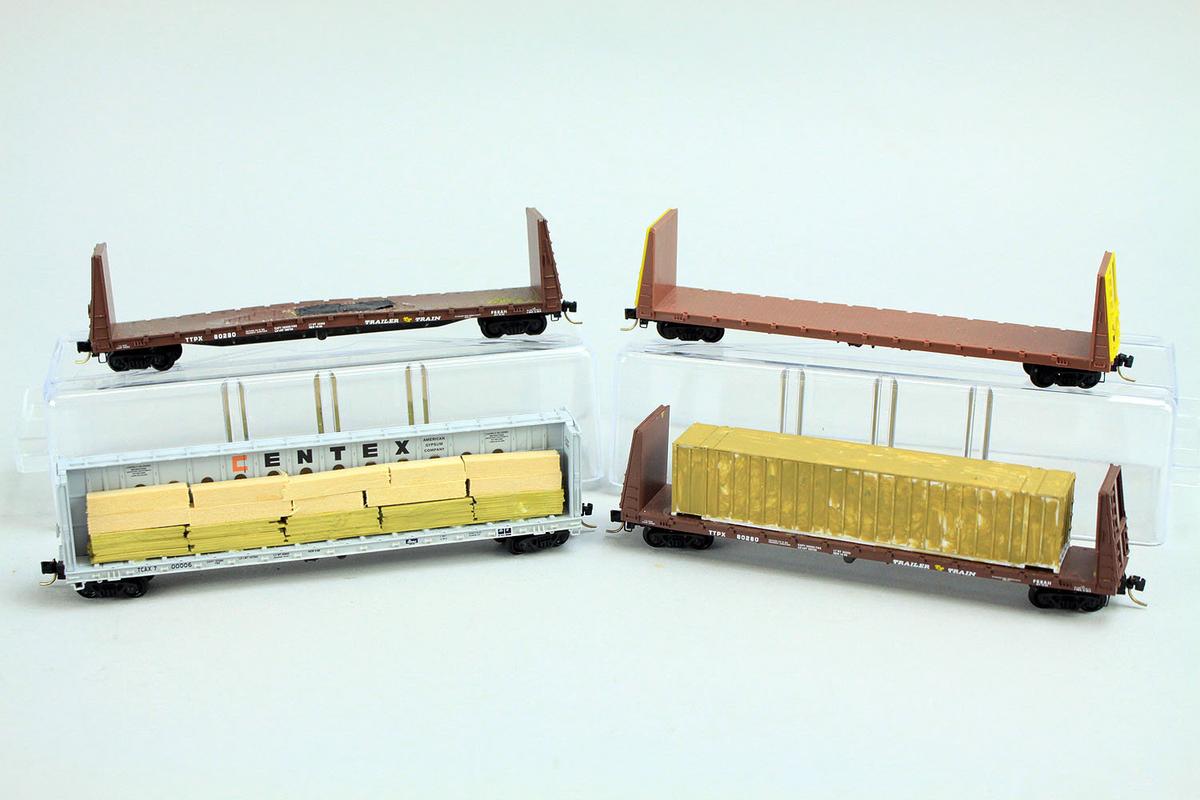 4 N Scale Micro-Trains Flat/Center Beam Cars; 1)Centex TCAX700006, 2) 2-Trailer Train TTPX 80280