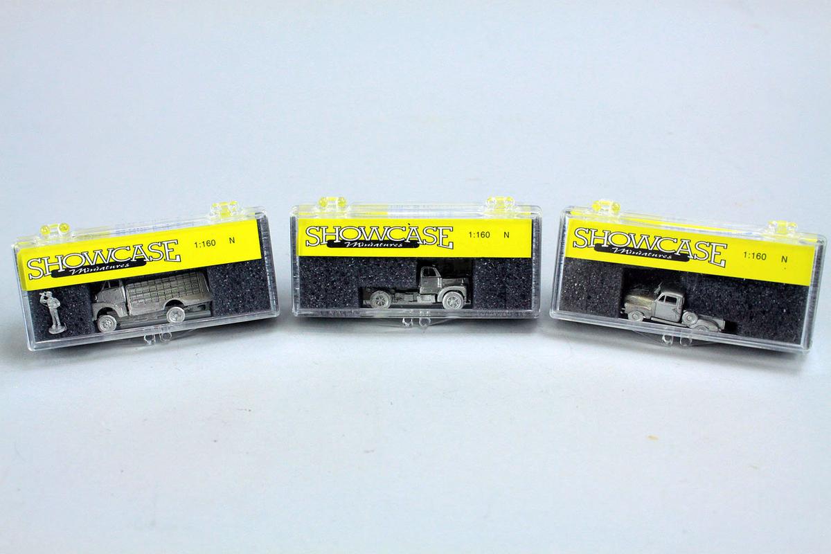 3 N Scale Showcase Miniatures;GMC Bottle Truck SKU#18, Mack Model B SKU#27, Ton Step Side SKU#30