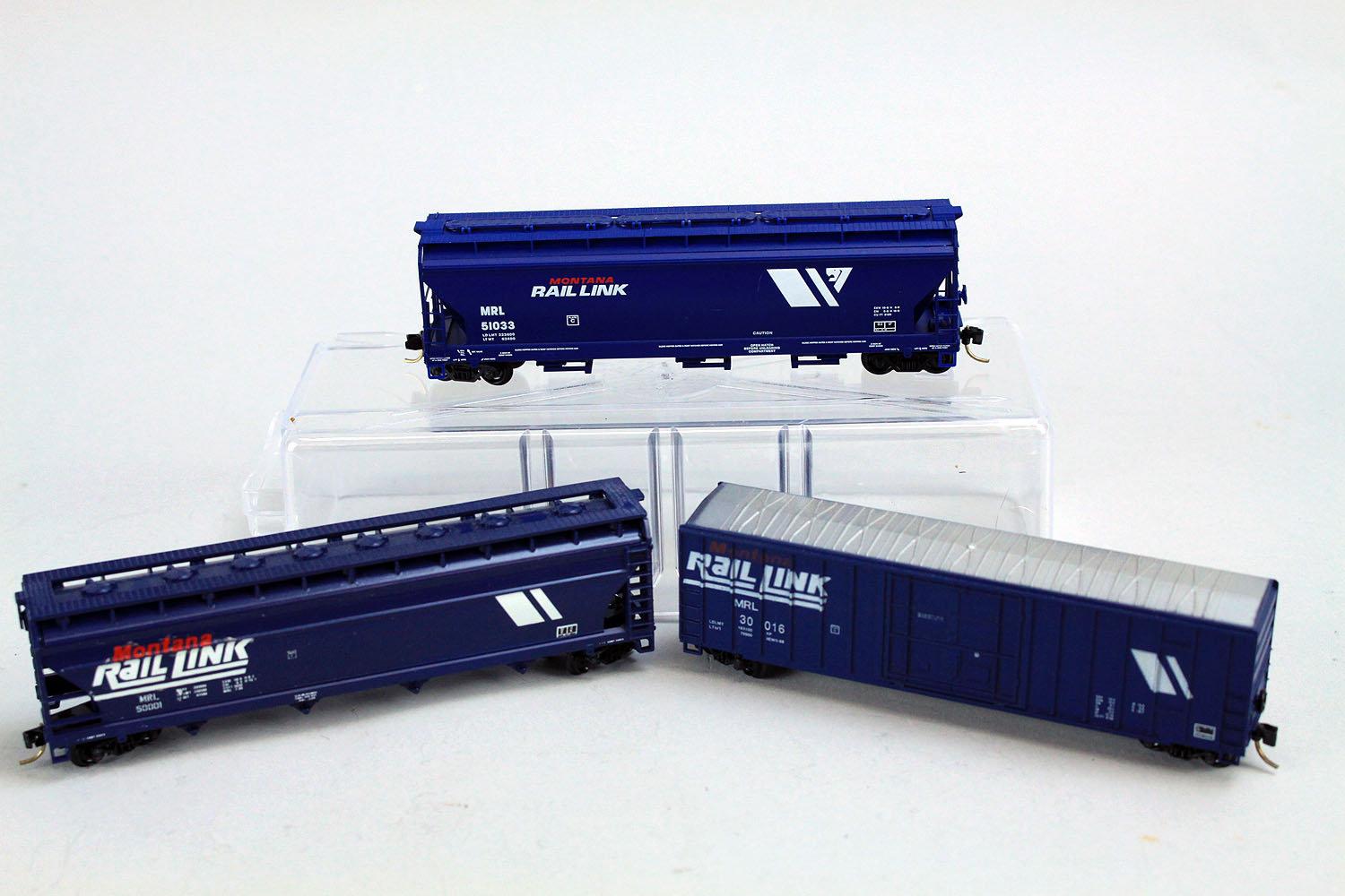 3 N Scale Micro-Trains Montana Rail Links; MRL51033 3-Bay Hopper, MRL50001 Center Flow Hopper &