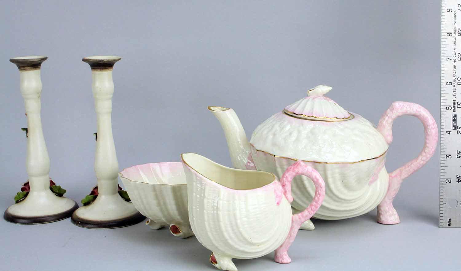 Beleek Irish Porcelain Tea Pot, Cream & Sugar - Capodimonte Candle Sticks