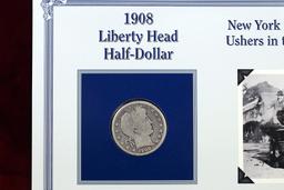 1907-S  & 1908-O Liberty Head Half Dollars + 2 Wheat Penny Cards w/Stamps