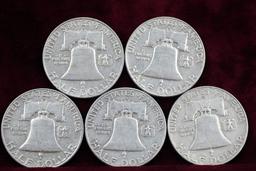 5 Franklin Half Dollars; 2-1962-D, 3-1963-D