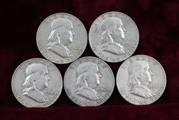 5 Franklin Half Dollars; 2-1962-D, 3-1963-D