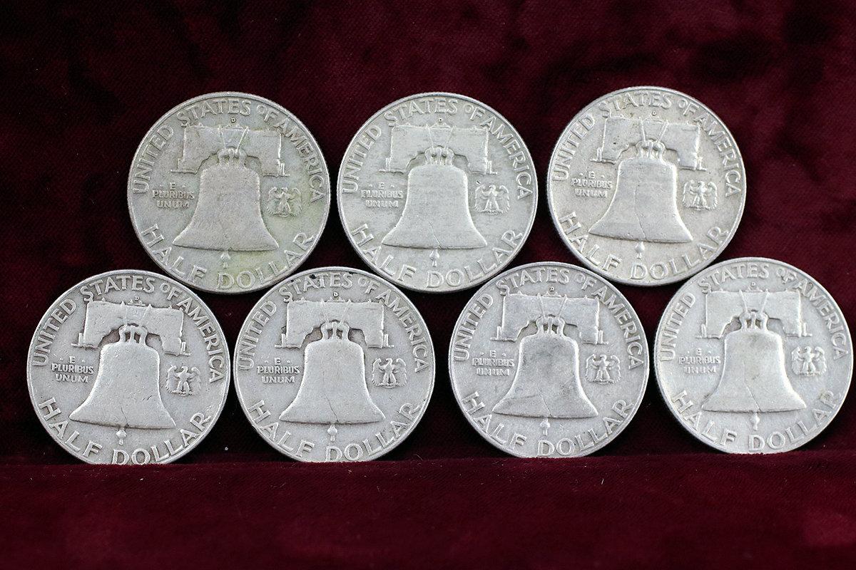 7 Franklin Half Dollars; 1952-D,1954-D,1957-D,1959-D,1961-D,1962-D,1963-D