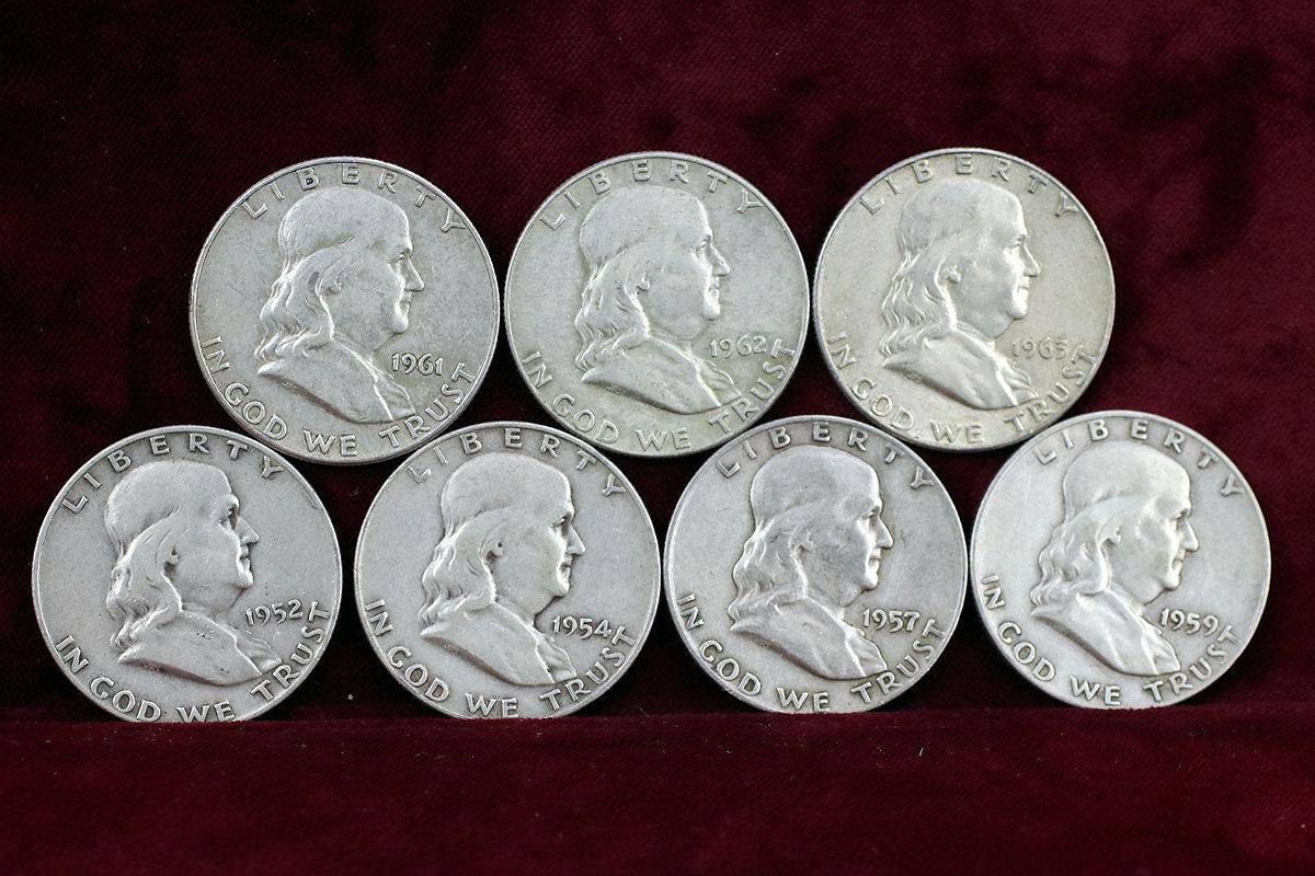 7 Franklin Half Dollars; 1952-D,1954-D,1957-D,1959-D,1961-D,1962-D,1963-D