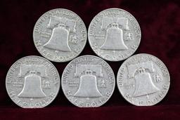 5 Franklin Half Dollars; 3-1962-D, 2-1963-D