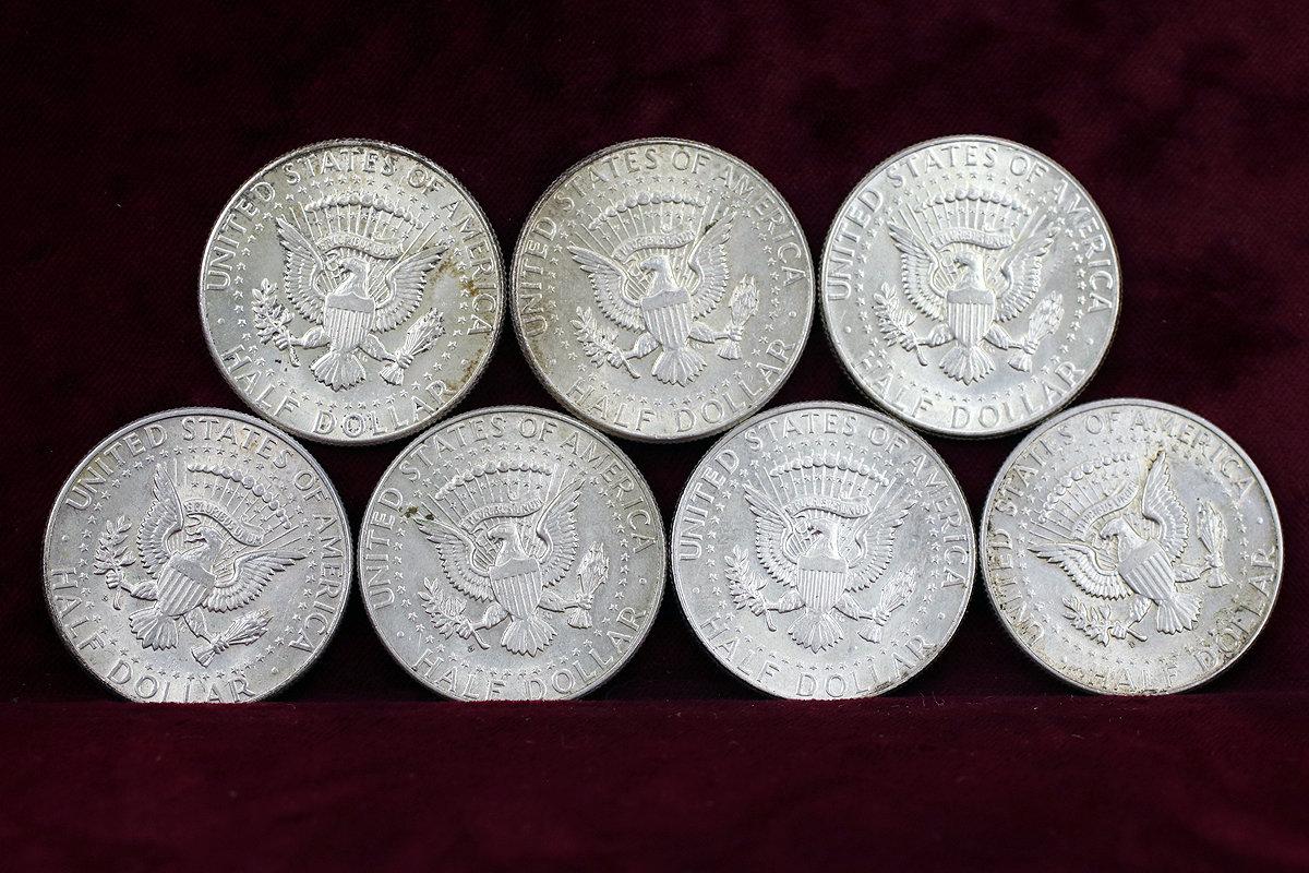 7 - 90% Silver Kennedy Half Dollars; 4-1964-P & 3-1964-D