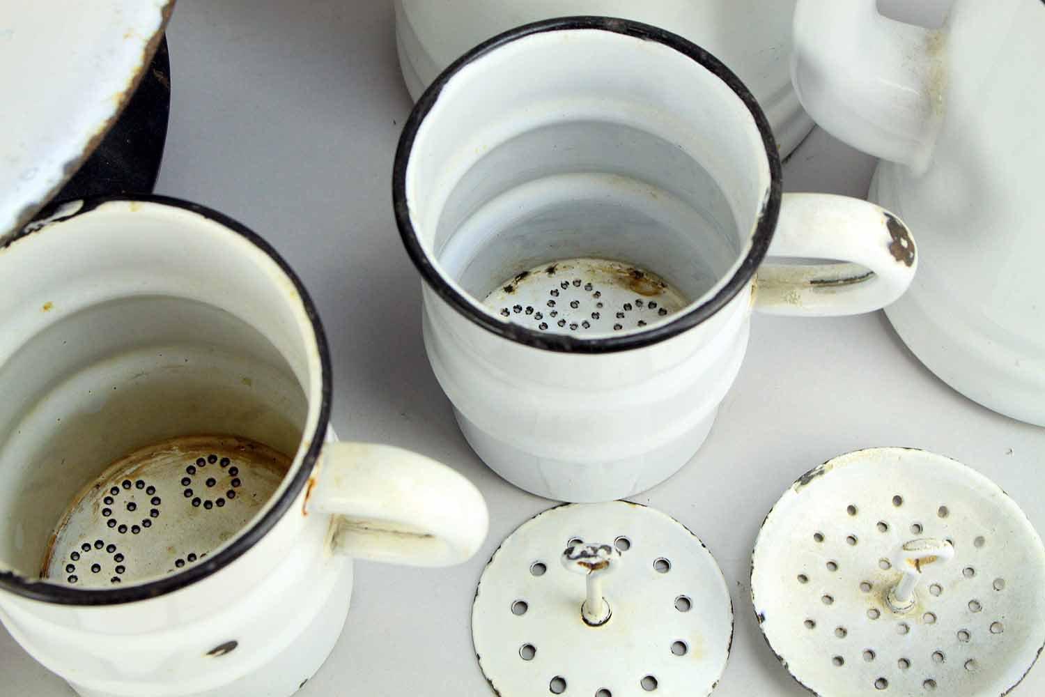 Vintage Graniteware White Enamel Pitchers/Ladle, Cups & More