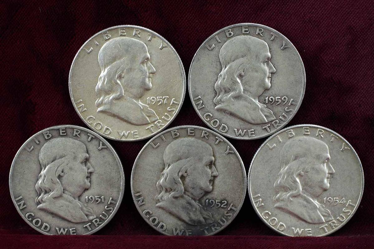 5 Franklin Silver Half Dollars