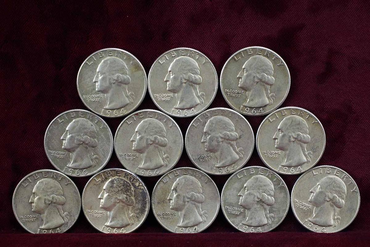 12 Washington Silver Quarters; 5-1964-P,7-1964-D