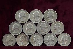 12 Washington Silver Quarters; 5-1964-P,7-1964-D