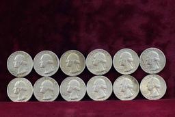 12 Washington Silver Quarters; 6-1964-P & 6-1964-D