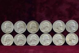 12 Washington Silver Quarters; 6-1964-P & 6-1964-D