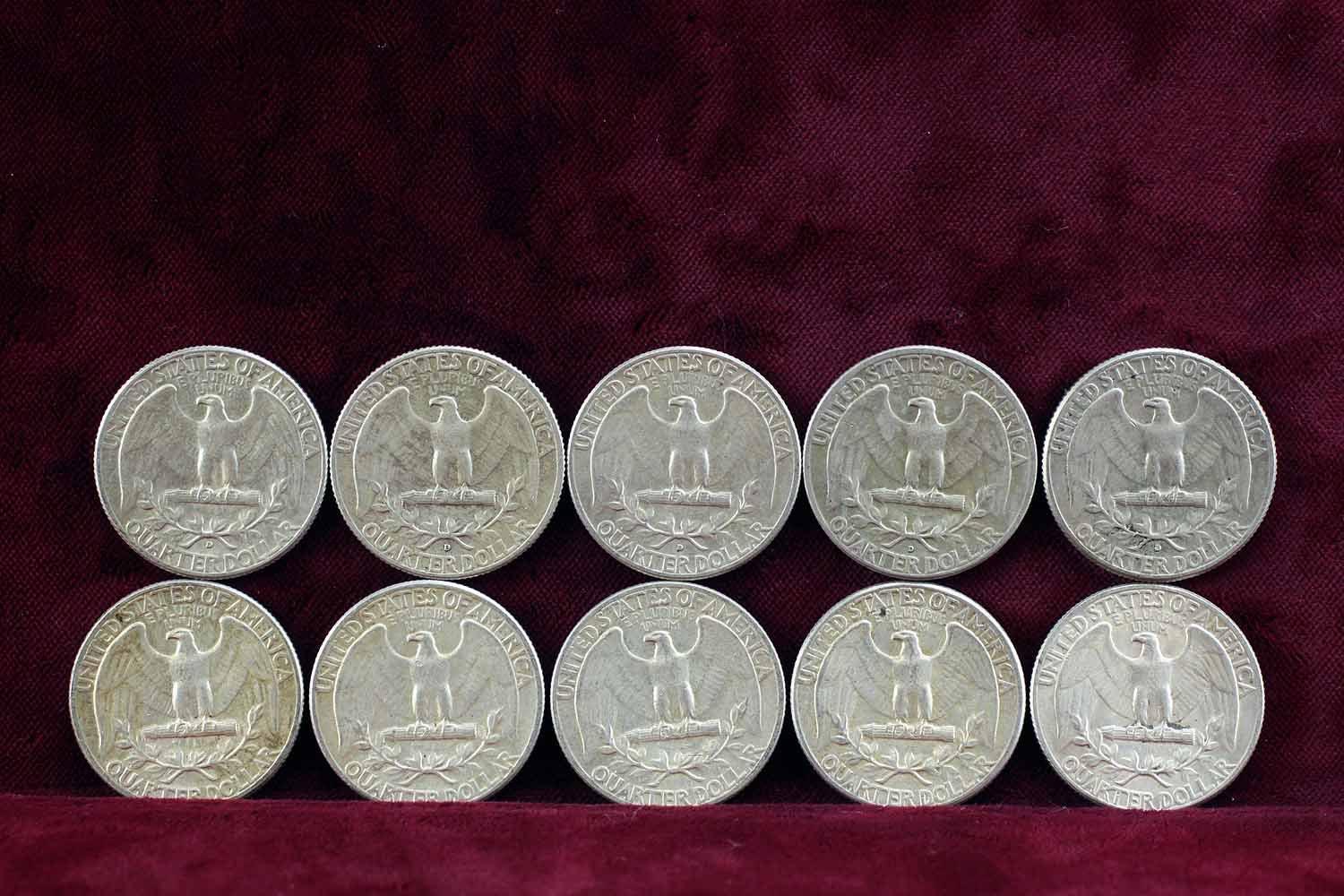 10 Washington Silver Quarters; 5-1964-P & 5-1964-D