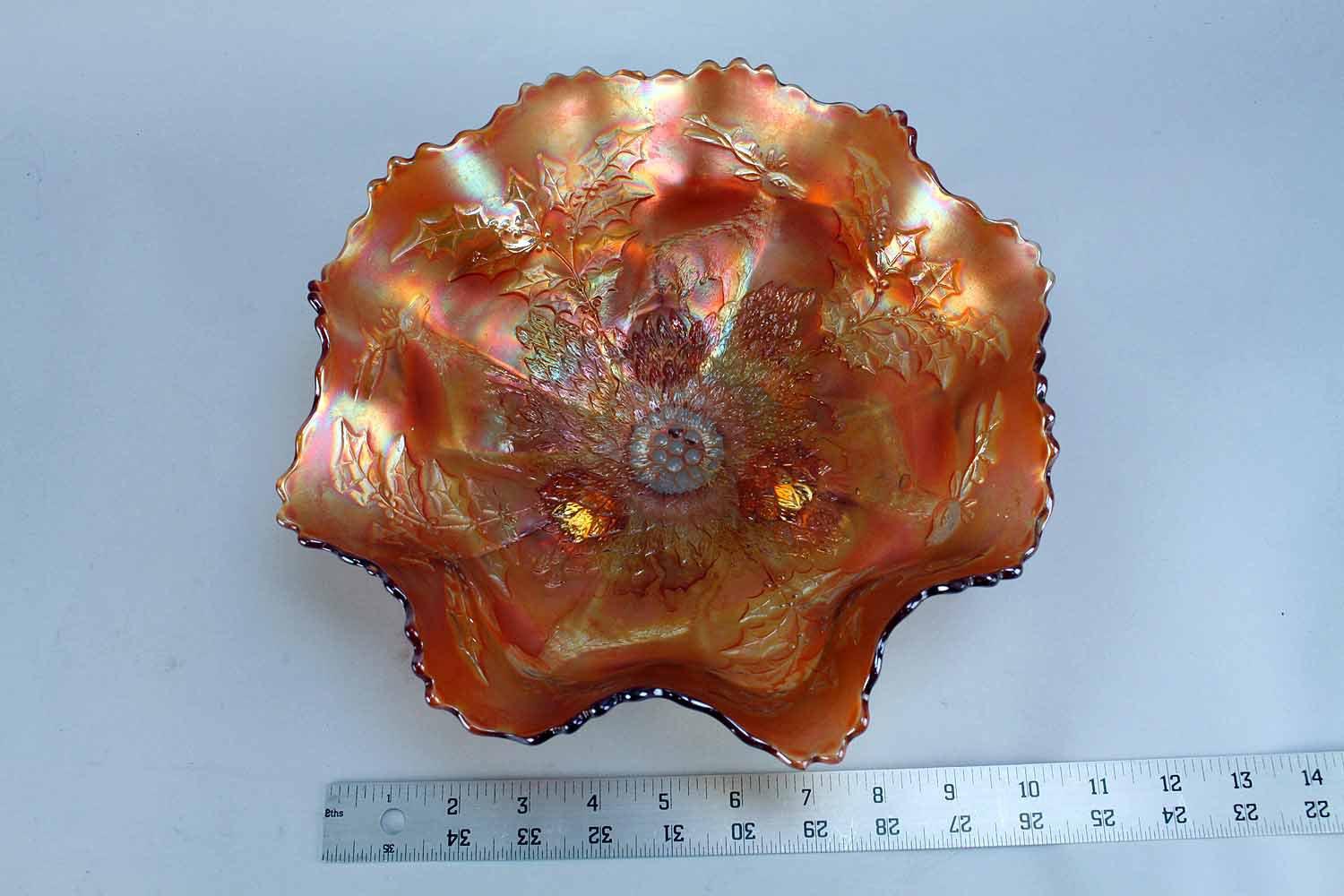 Early Fenton Marigold "Stag & Holly Spatula Footed Bowl