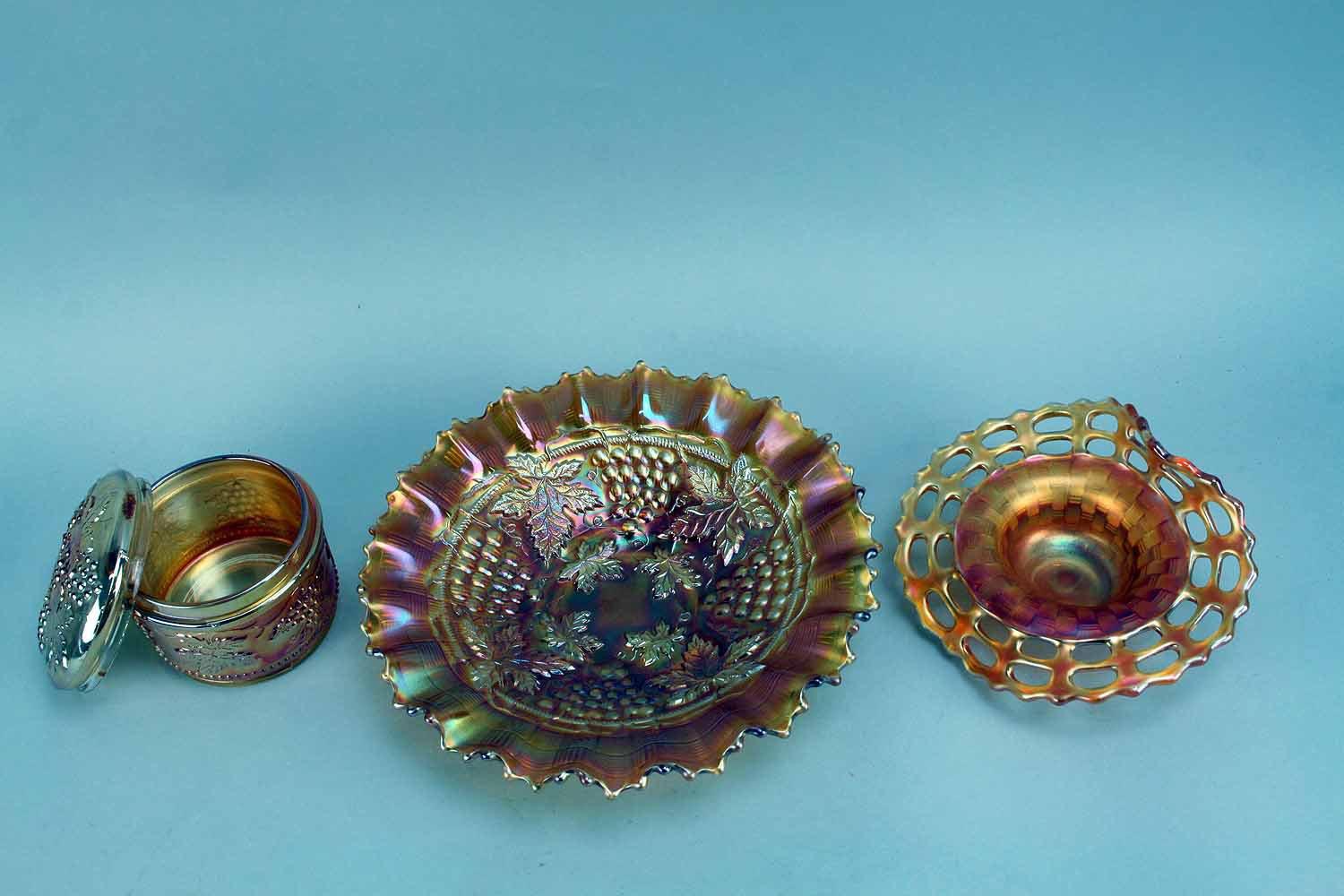 3 Carnival Glass Marigold Dishes/Jar