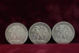 3 Walking Liberty Silver Half Dollars; 1942-S,1943-P,1944-P