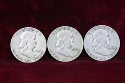 3 Franklin Silver Half Dollars; 1951-S,1957-D,1960-D