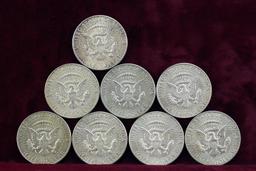 8 Kennedy Half Dollars; 1964,1965,1967,3-1968,2-1969