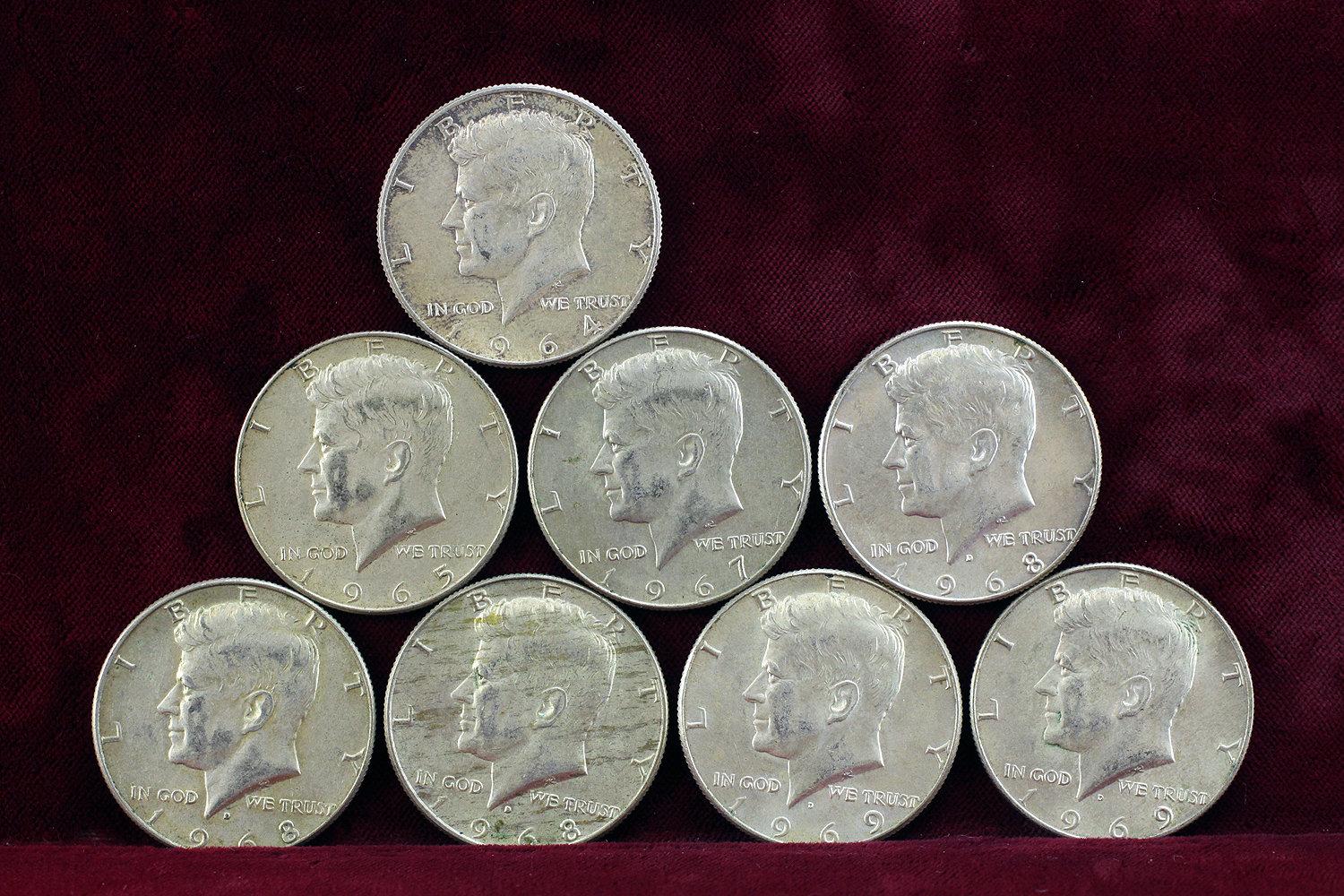 8 Kennedy Half Dollars; 1964,1965,1967,3-1968,2-1969