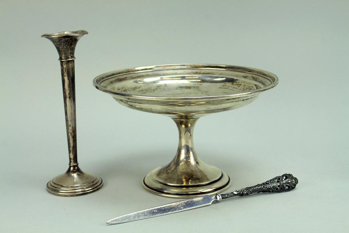 Weighted Sterling Bud Vase, Compote & Sterling Handled Letter Opener