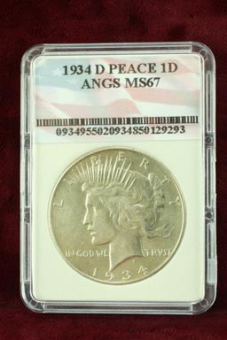 1934-D Peace Silver Dollar; MS67 by ANGS