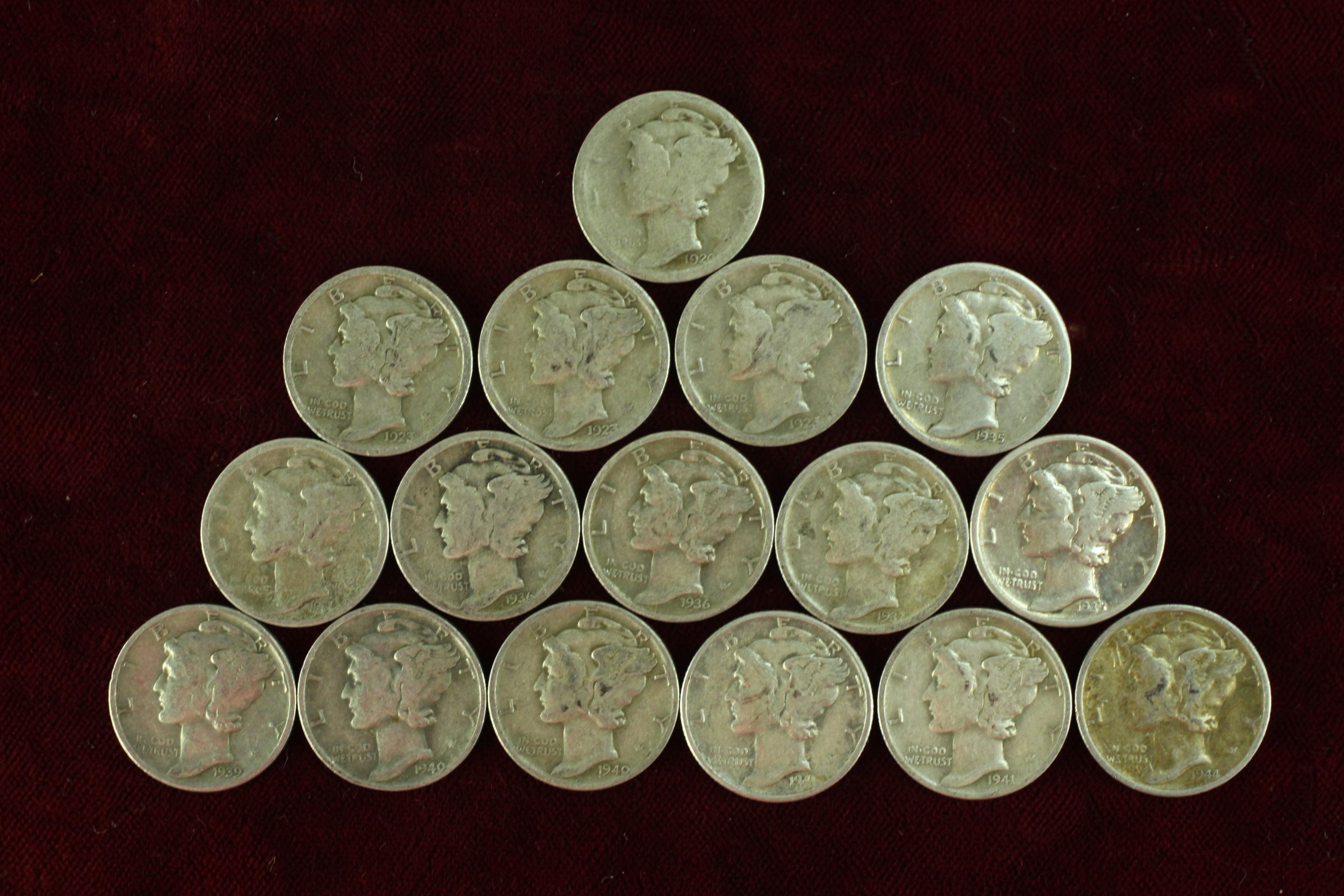 16 Silver Mercury Dimes; various dates/mints