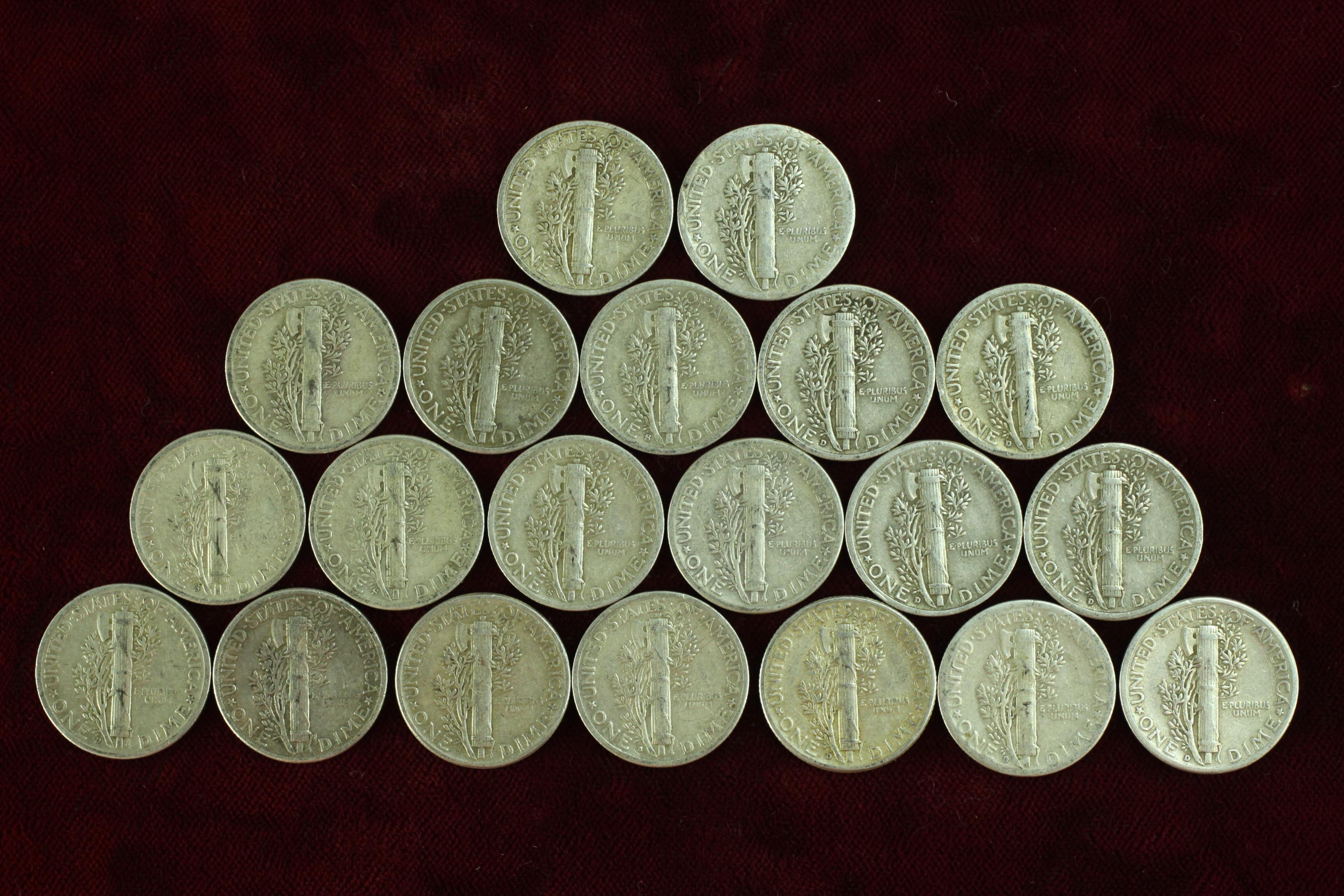 20 Silver Mercury Dimes; various dates/mints