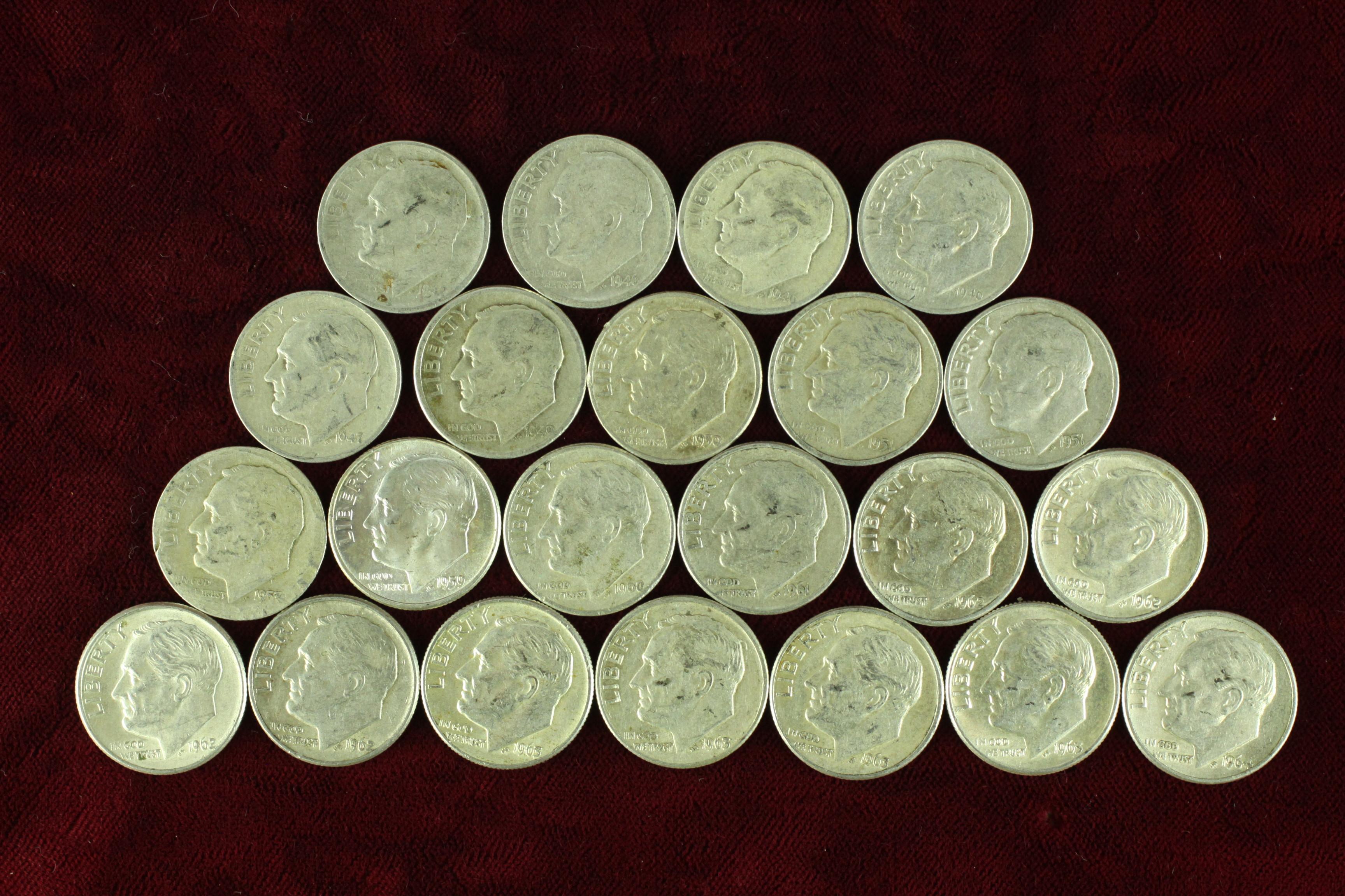 22 Roosevelt Silver Dimes; various dates/mints