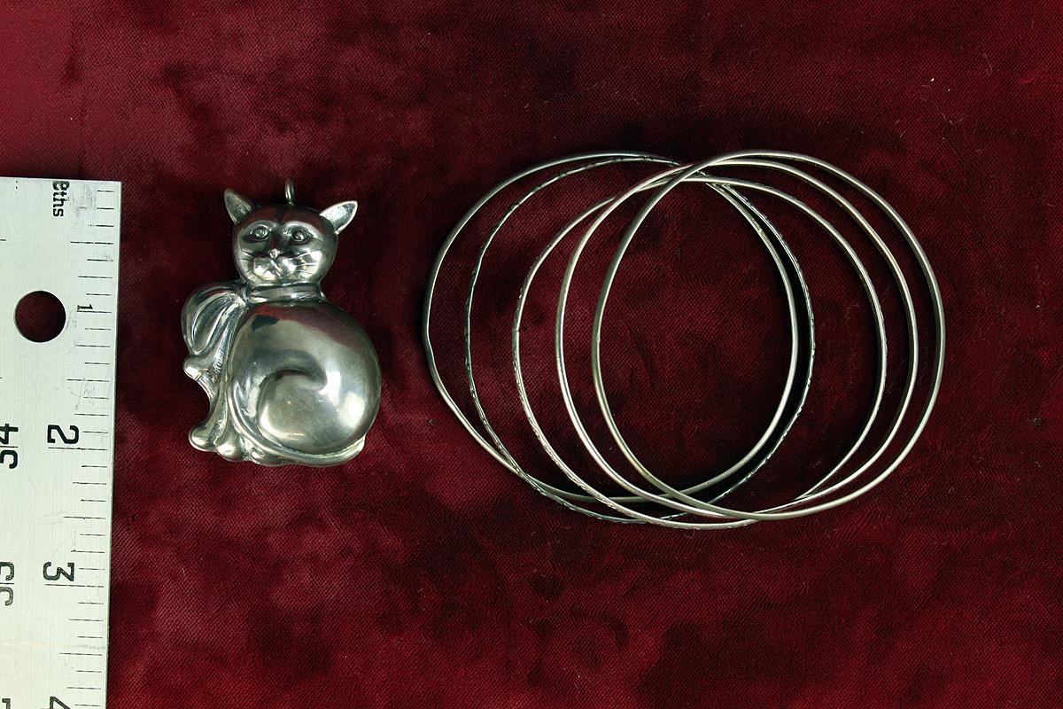 Sterling Silver Cat Pendant, Silver Bangle Bracelets