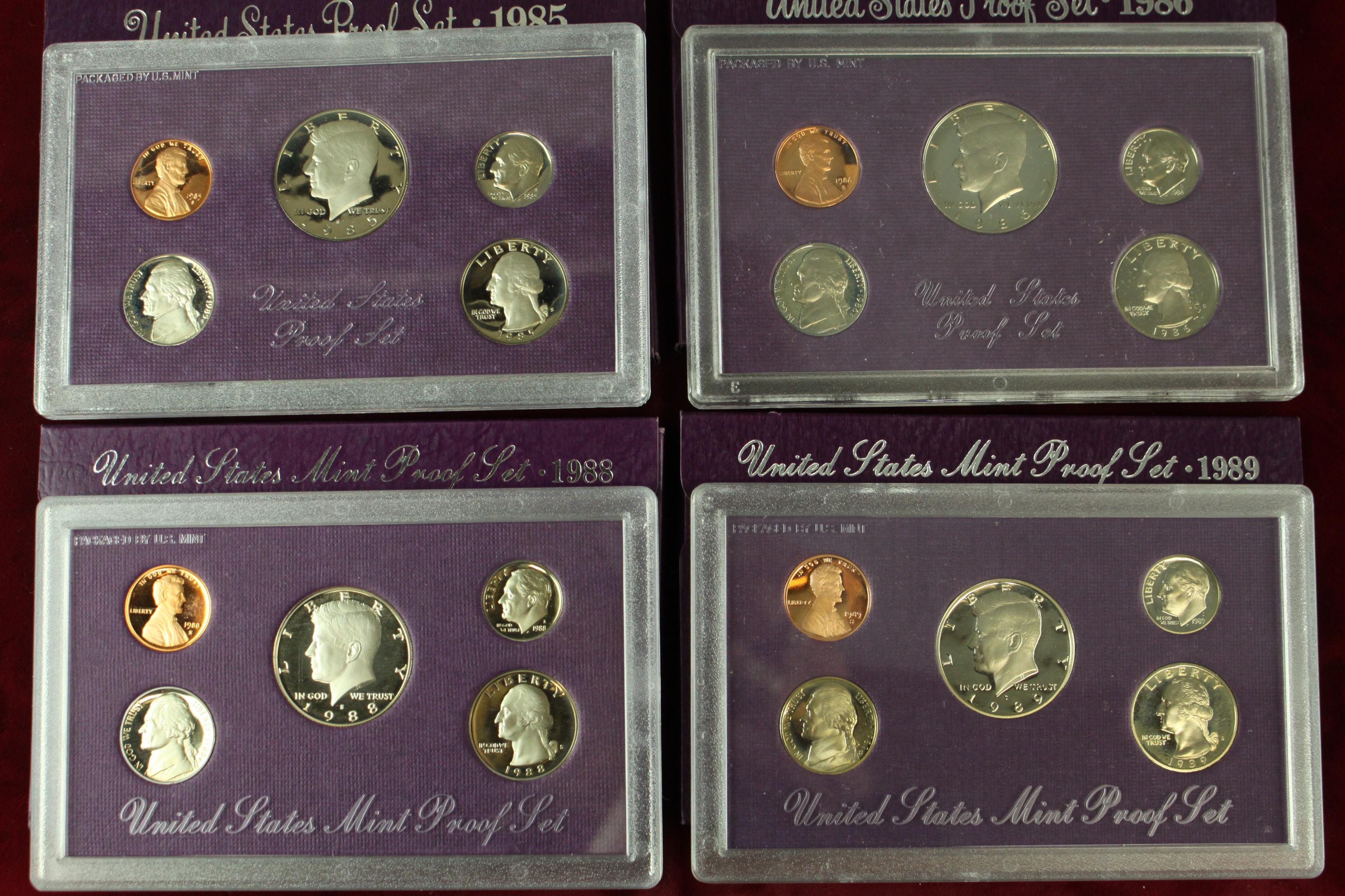 4 U.S. Mint Proof Sets - 1985,1986,1988,1989