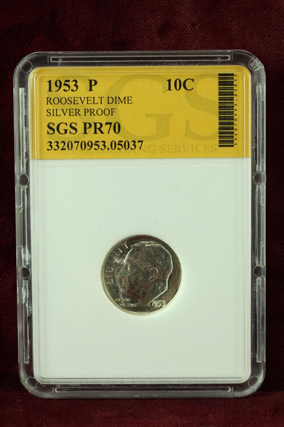 1953 P Roosevelt Silver Proof Dime, SGS PR70