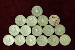 16 Washington Silver Quarters, various dates/mints