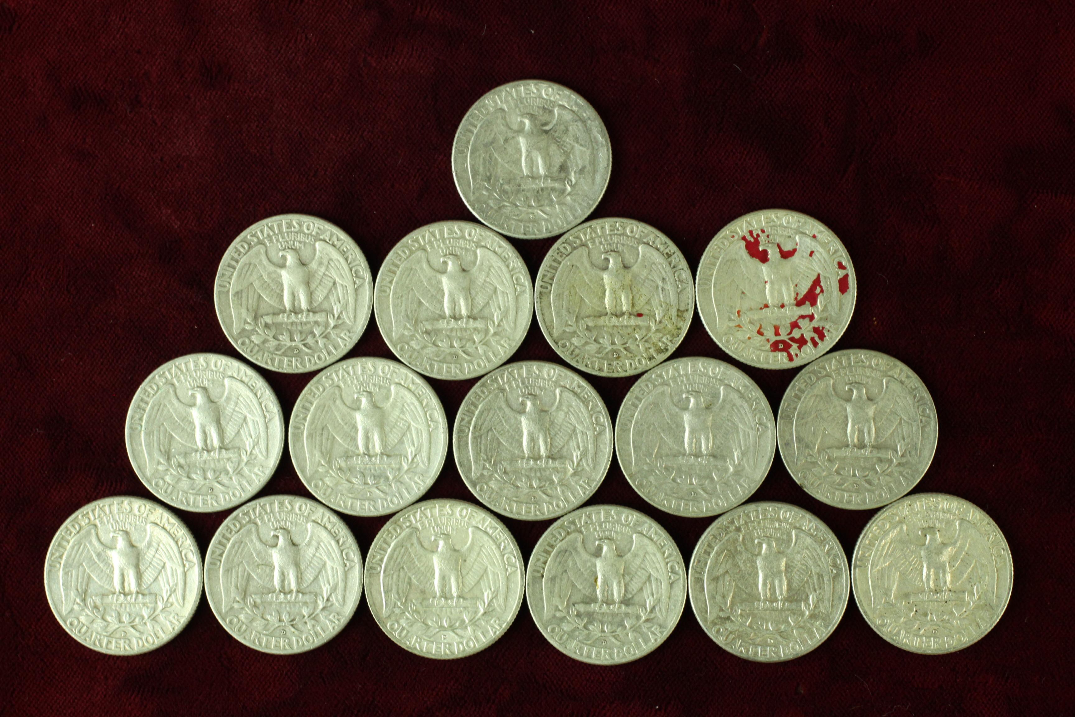 16 Washington Silver Quarters, various dates/mints