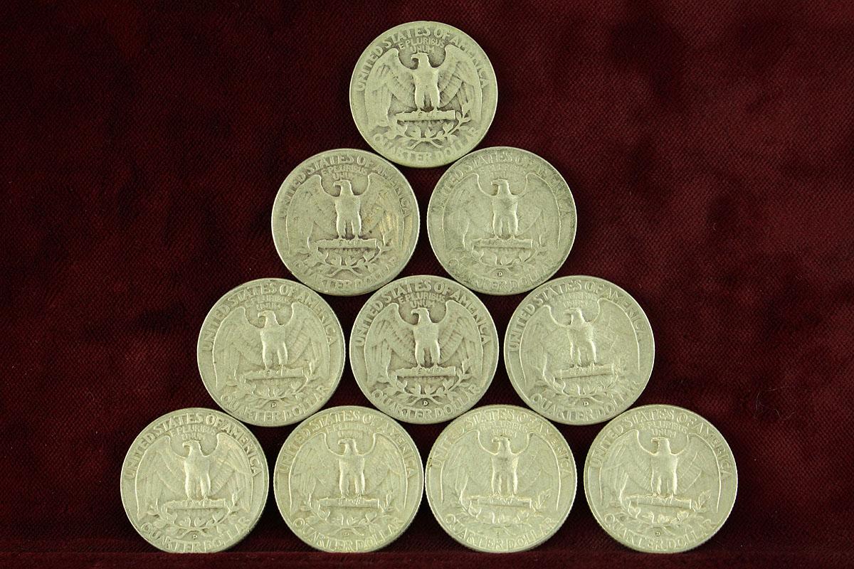 10  Washington Silver Quarters various dates/mints