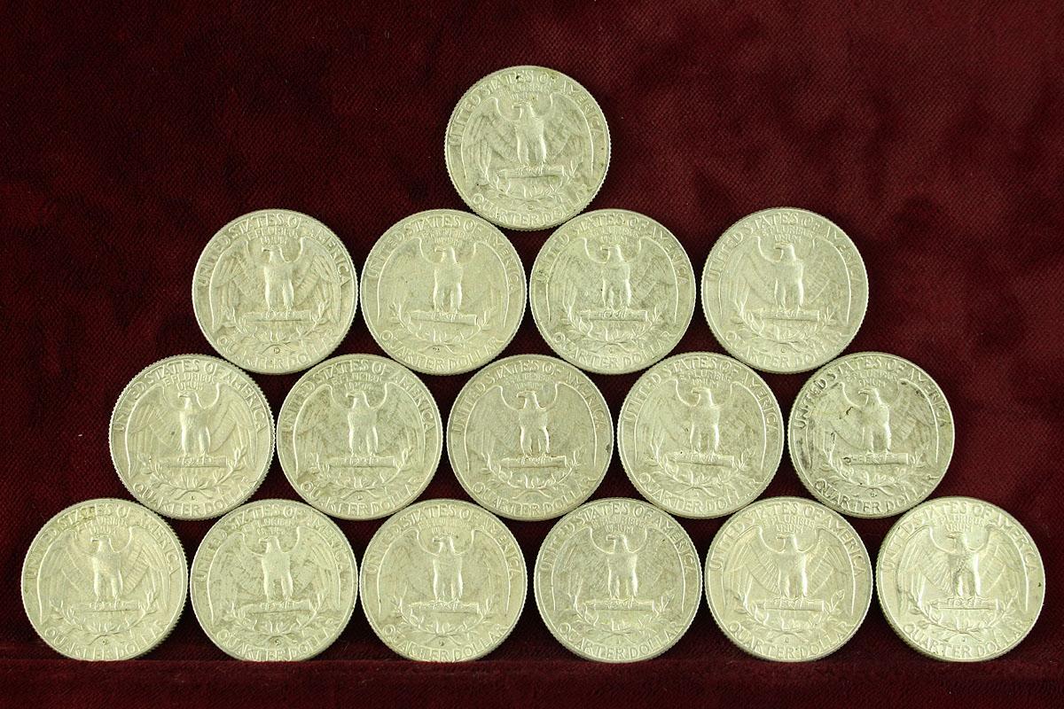 16 1964 Washington Silver Quarters various
