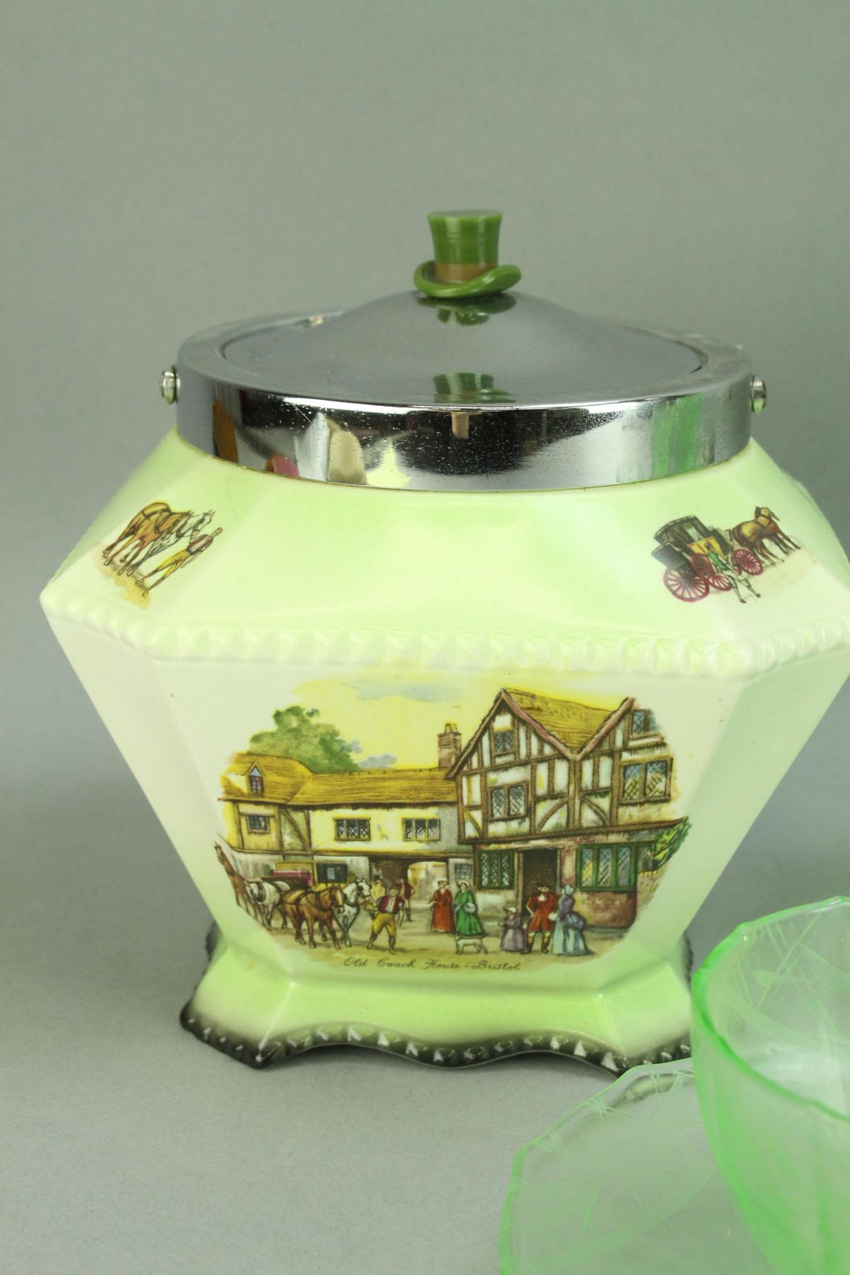 Old Foley, England Biscuit Jar & Vintage Green Glass