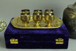 Capodimonte Bowl, Brass Cordial Set, Cigar Jar &  Bronze Mug